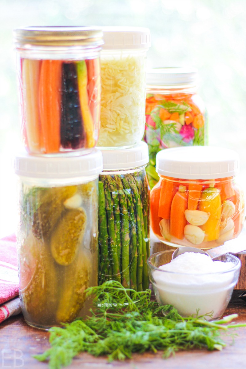 several jars of different kinds of fermented veggies stacked in a sunny window