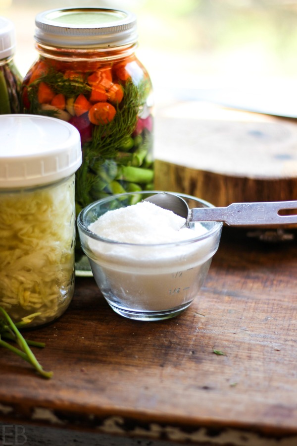 fermented veggies in jars and a dish of salt