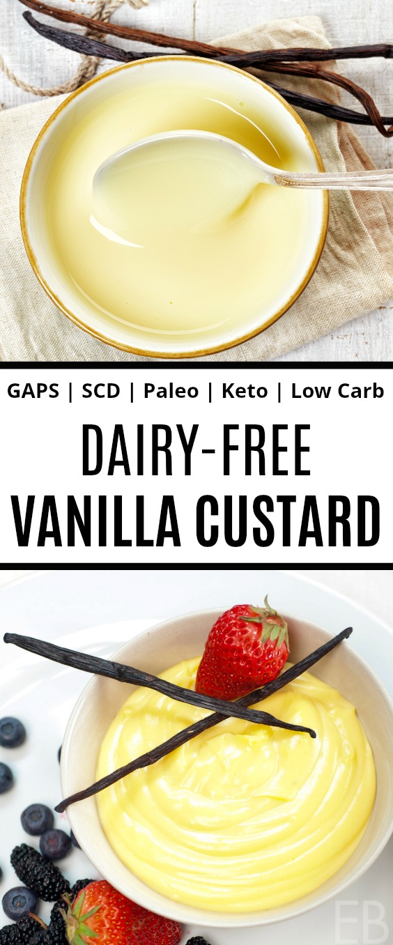 two dishes of vanilla custard that's dairy-free, one with a spoon in the dish and one with berries