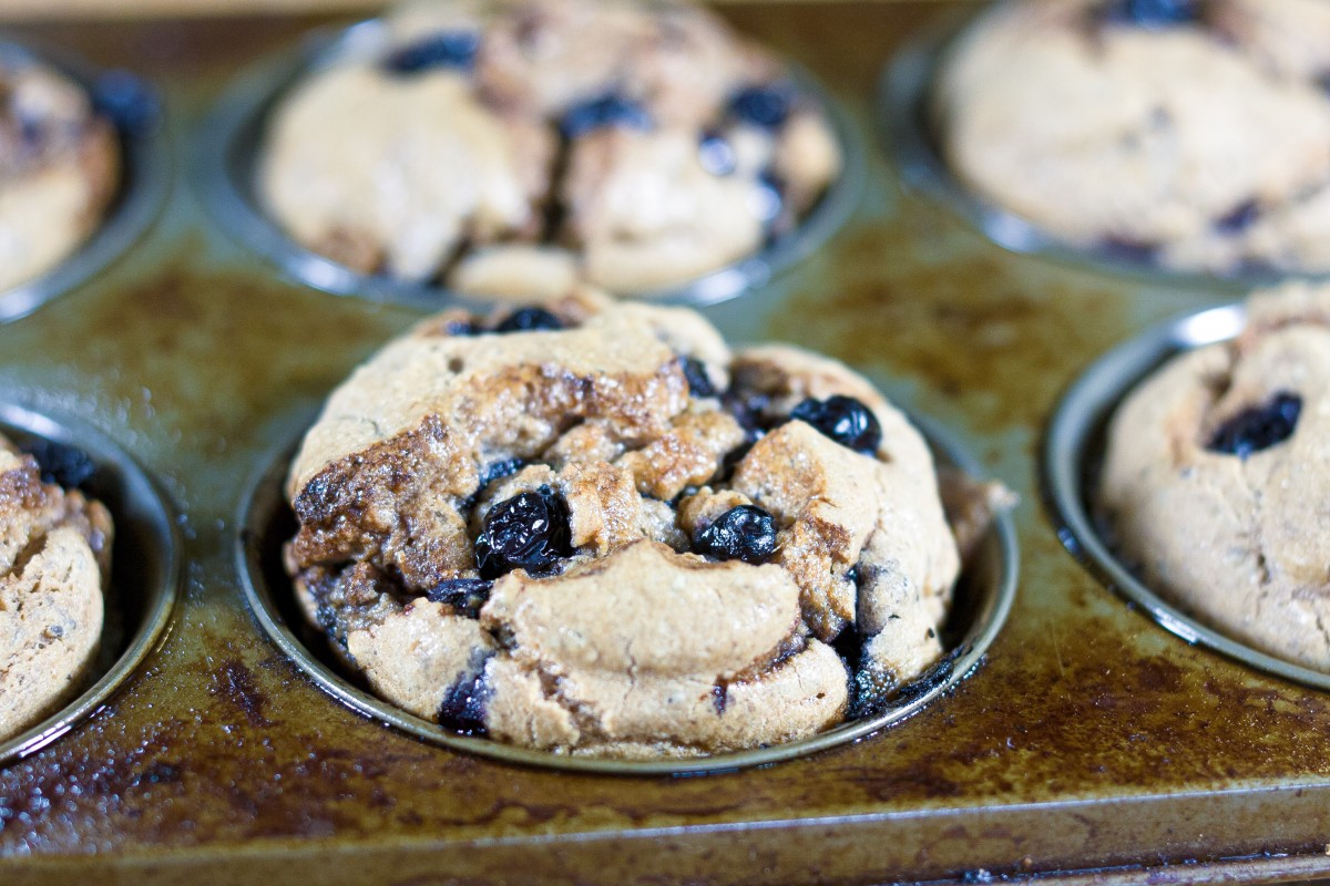 6 blueberry muffins in their pan