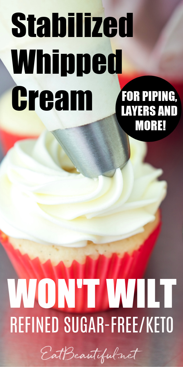 image of piping stabilized whipped cream onto a cupcake