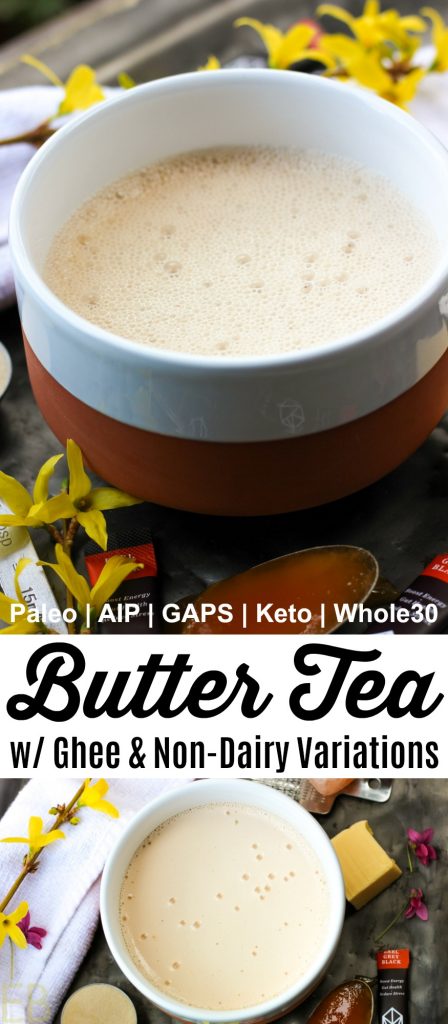 a bowl mug of creamy butter tea surrounded by honey, flowers, tea, salt and gelatin