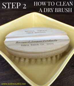 Remove the handle from your dry brush. Place the brush into the water solution, bristles facing down, agitating the water gently (with a back and forth or swishing motion), moving the brush around in the sanitizing water, both freeing dead skin cells and distributing the essential oil amidst the bristles. (Essential oils don't mix evenly into water.)