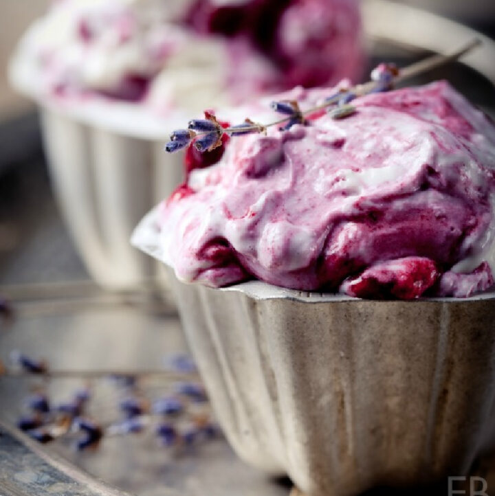 scoops of lavender ice cream in vintage dishes