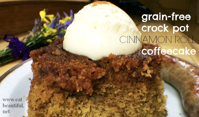 Such a special, easy and delicious breakfast treat!! Crock-pot/slow-cooker Cinnamon Roll Coffeecake is a comforting, low-carb, easy to digest phenomenon! Make it GAPS Diet or Keto, whichever fits your needs! #cinnamonroll #coffeecake #gapsdiet #keto #lowcarb #paleo #primal #crockpot #slowcooker #breakfast #brunch