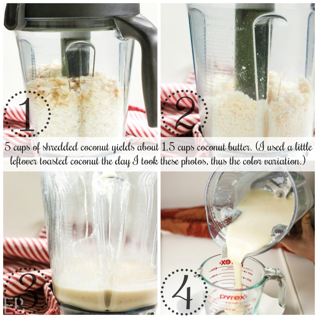 4 steps to making homemade coconut butter in blender: unsweetened coconut in blender to the fourth photo of it pouring out into a measuring cup