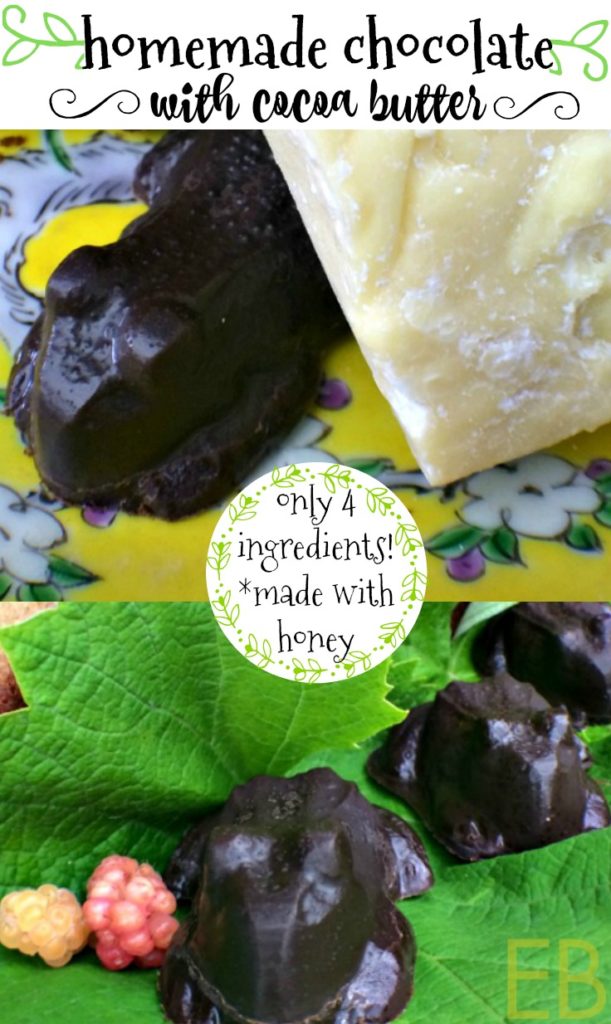 Homemade Chocolate with Cocoa Butter~ truly the healthiest chocolate, easy to make and fun! Sweetened with honey, Paleo, dairy-free, GAPS...and a link to those fun chocolate frog molds! #homemadechocolate #paleochocolate #cocoabutterchocolate #diychocolate #honeychocolate