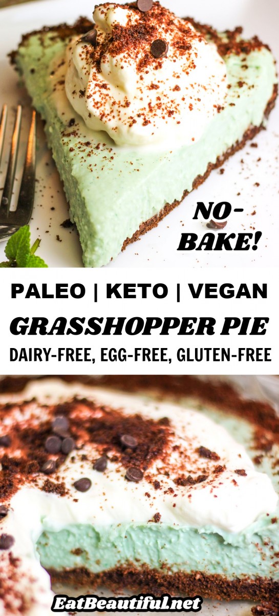 two images of paleo grasshopper pie with words of the title in the middle