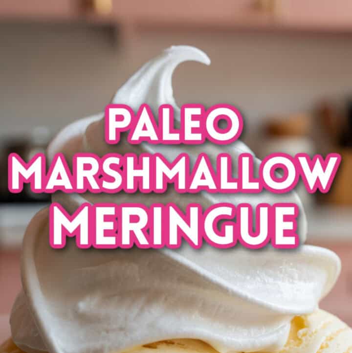 paleo marshmallow meringue on ice cream with recipe title overlay
