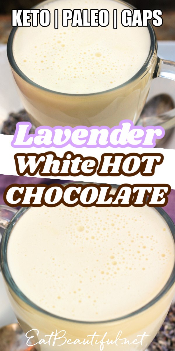 two photos of lavender white hot chocolate with banner and words in the middle