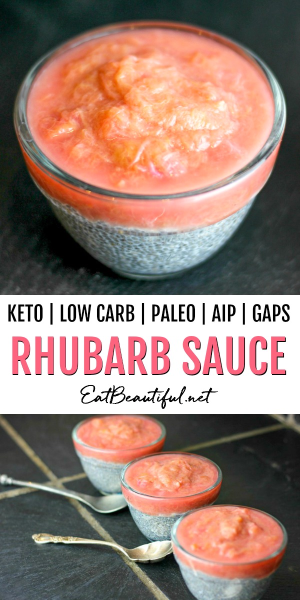 two images of rhubarb sauce with banner in the middle