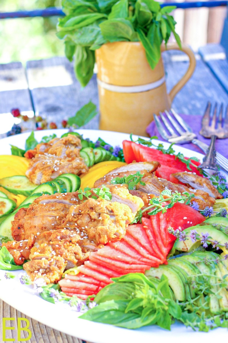 side view of platter with vietnamese fried chicken salad