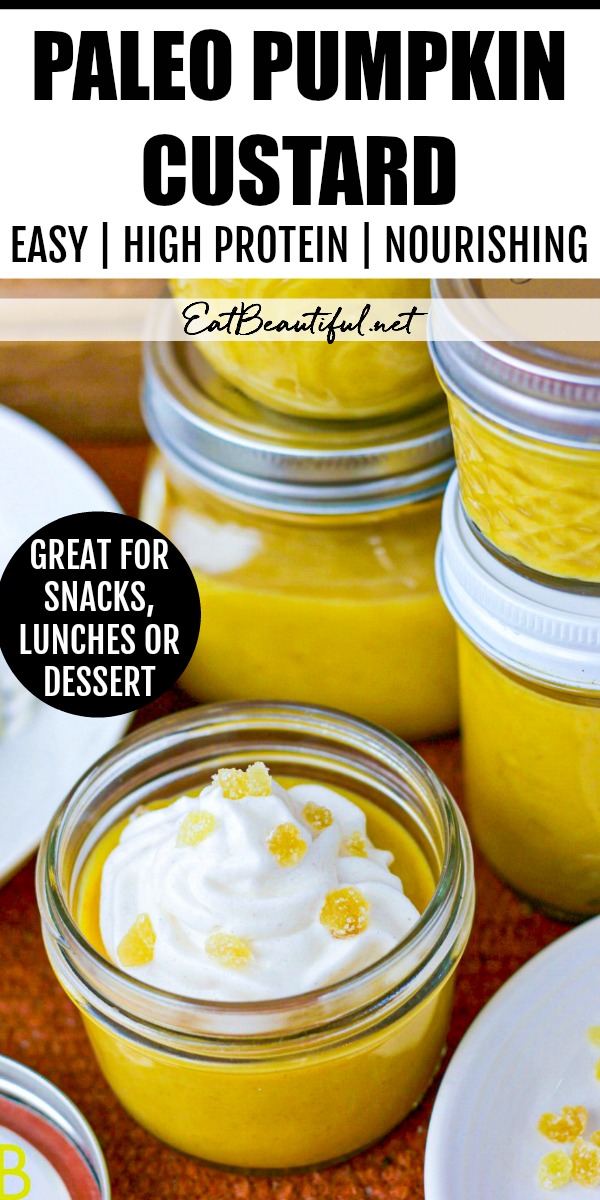 jars of paleo pumpkin custard stacked with one open