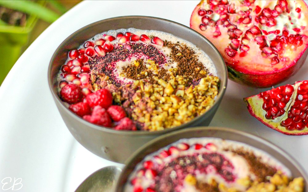 up close view of pomegranate smoothie bowl