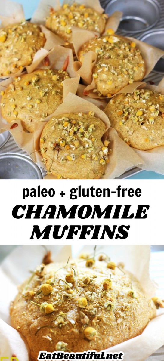 2 images of chamomile muffins with words in the middle of the recipe title