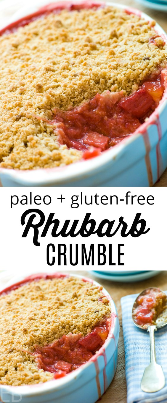 deep dish of paleo rhubarb crumble with serving spoon to one side
