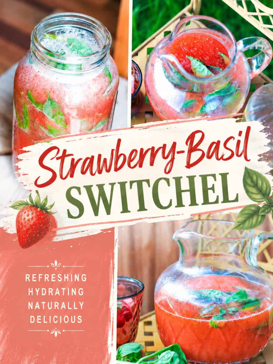 3 images of strawberry basil switchel with recipe title