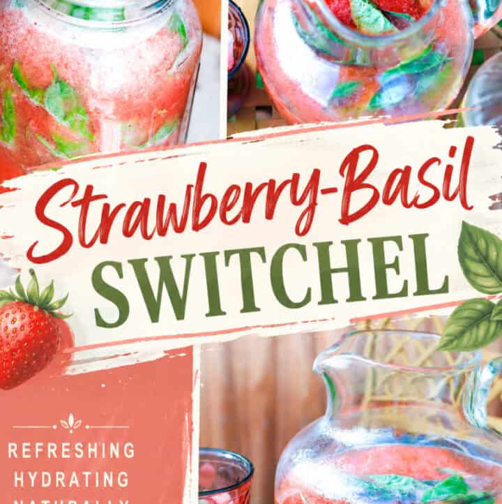 3 images of strawberry basil switchel with recipe title