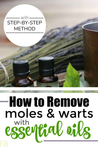 essential oils and a banner about removing moles and warts