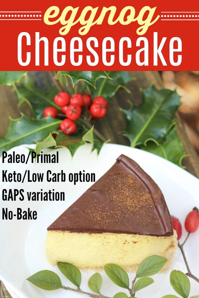 one slice of Eggnog Cheesecake with chocolate topping