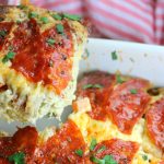 KETO Pizza Bake image of casserole with pepperoni