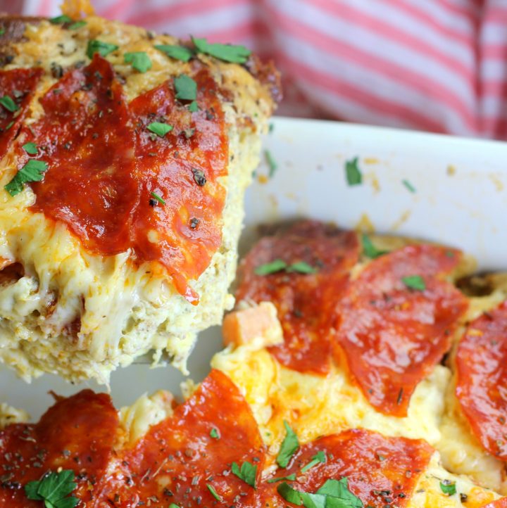 KETO Pizza Bake image of casserole with pepperoni