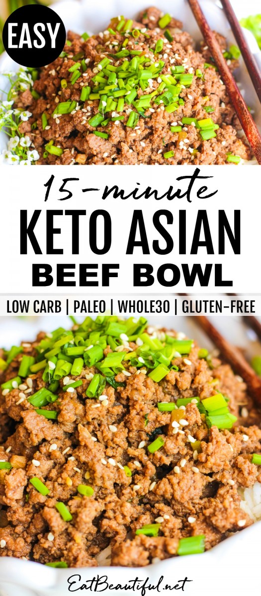 two photos of keto asian beef bowl with banner