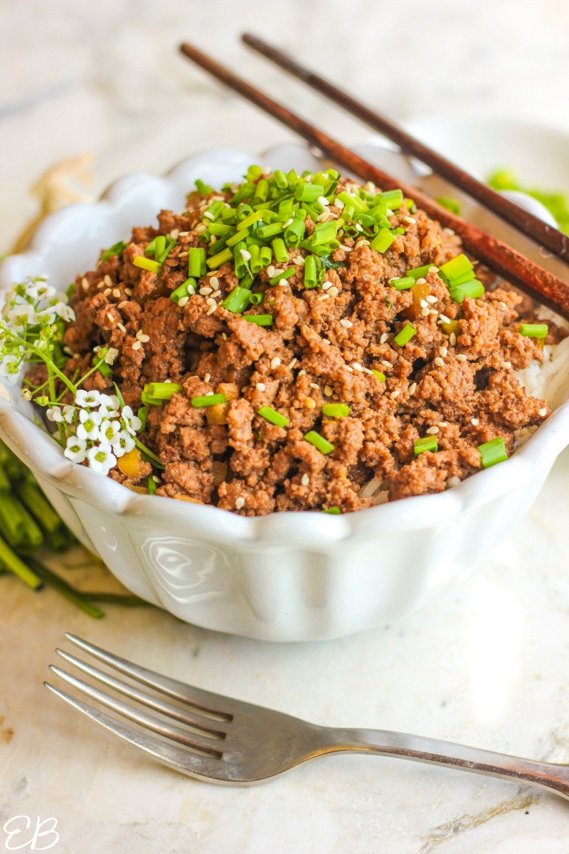 side view of keto asian beef bowl