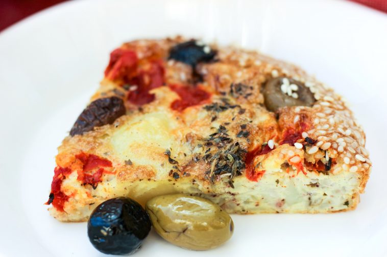 Whole30 Mediterranean Crustless Quiche with Brined Olives, Roasted Peppers, Potatoes and Za'atar