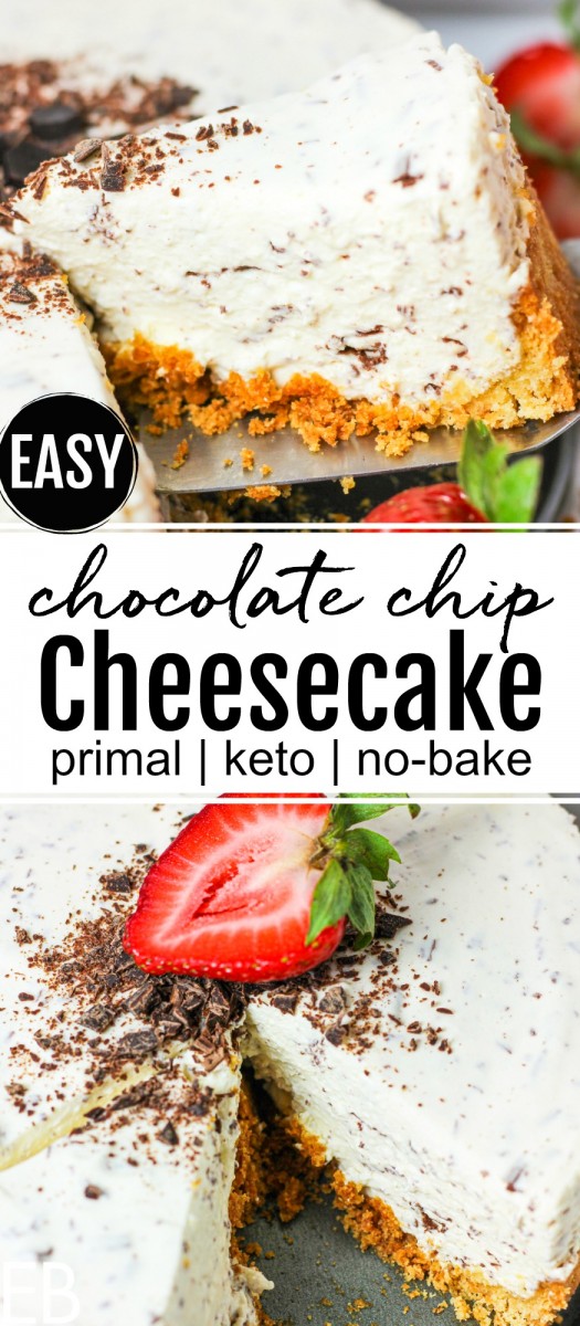 serving a slice of keto chocolate chip cheesecake