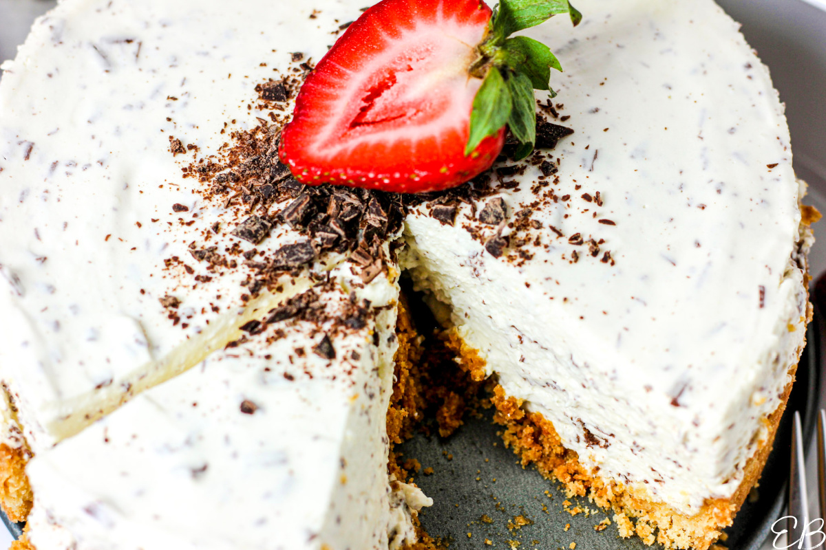 overhead view of sliced into cheesecake