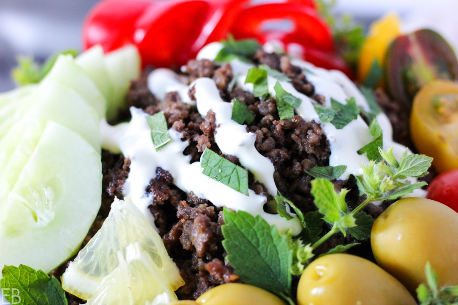 15-minute KETO Greek Bowl (beef or lamb; amazing flavors!!) #keto #gaps #paleo #primal #greekfood #easydinner #ketodinner #ketobowl