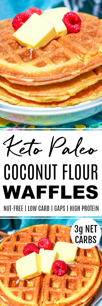 two photos of keto paleo coconut flour waffles with banner