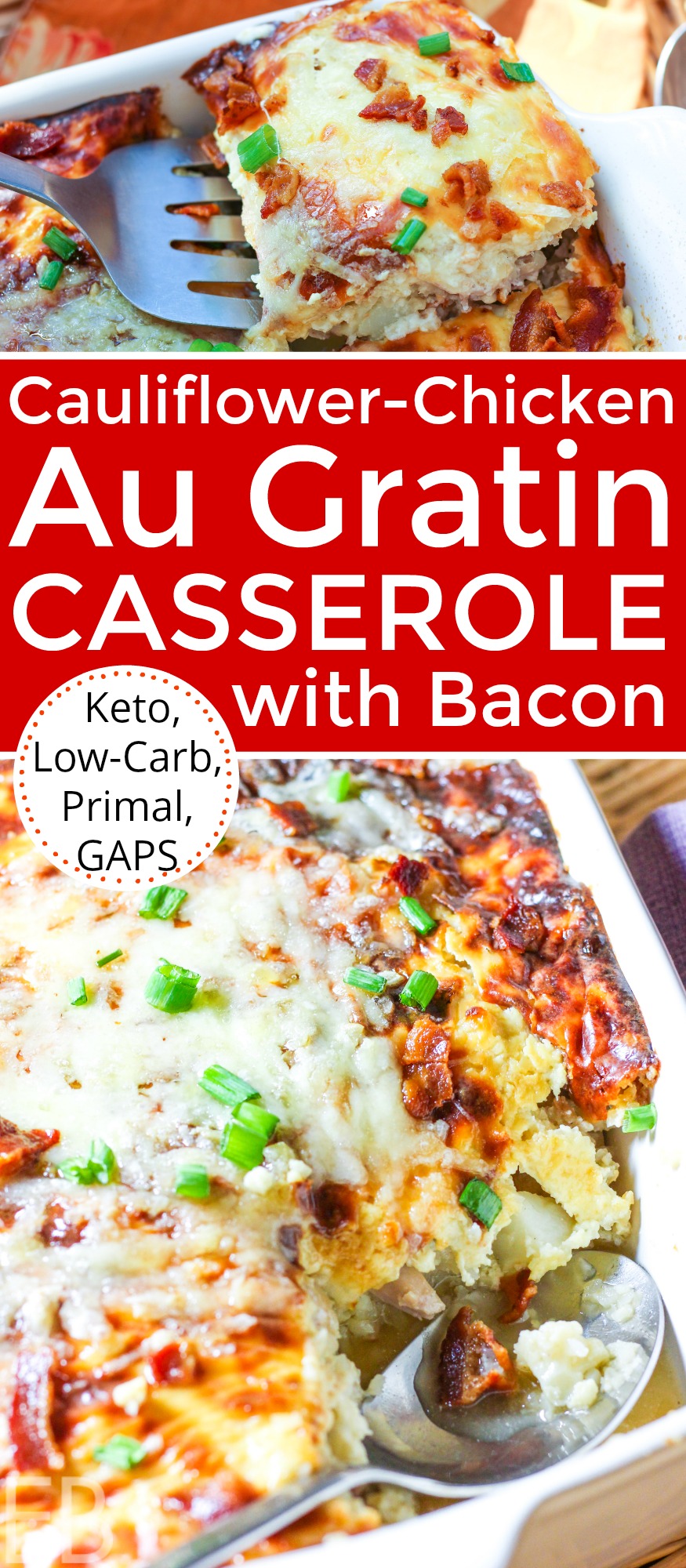 Delicious!! ~ Cauliflower-Chicken Au Gratin Casserole with Bacon is Keto, Low-Carb, Primal (Paleo + dairy), and GAPS diet-friendly. It's comfort food, and it can be made ahead of time. #keto #lowcarb #gapsdiet #paleo #primal #chicken #cauliflower #bacon #cheese #casserole #makeahead #augratin #onedish #dinner #comfortfood