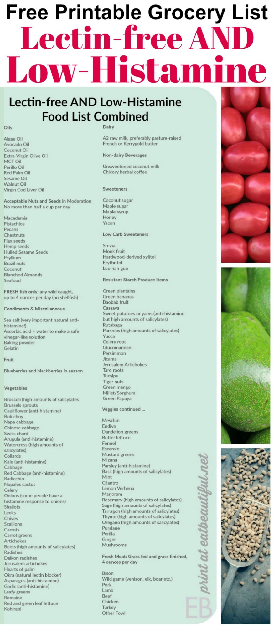 Lectin-free AND Low-Histamine Combined Food List {Grocery List with Printable!} #leakygut #lowhistamine #lectins #lectinfree #printable #grocerylist #list