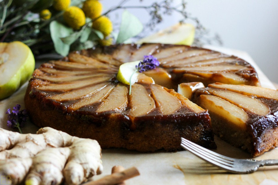 paleo aip pear upside down cake with one slice being served