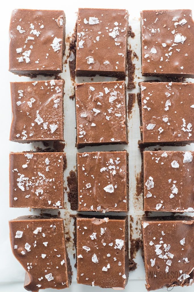 12 squares of keto fudge with sea salt on top low carb