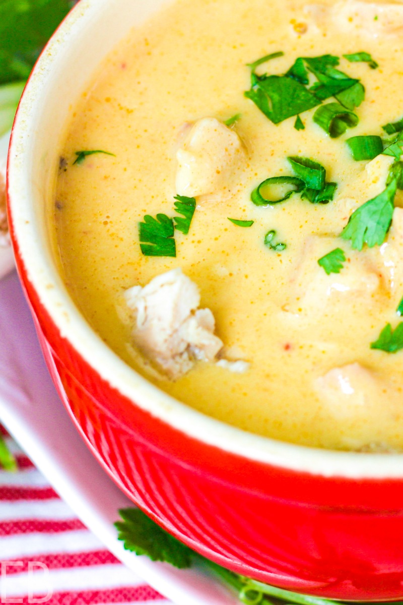 bright red bowl with buffalo chicken soup inside