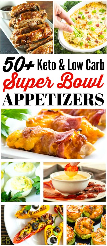 several different keto low carb appetizers for super bowl or game day (a picture collage of finger foods) 