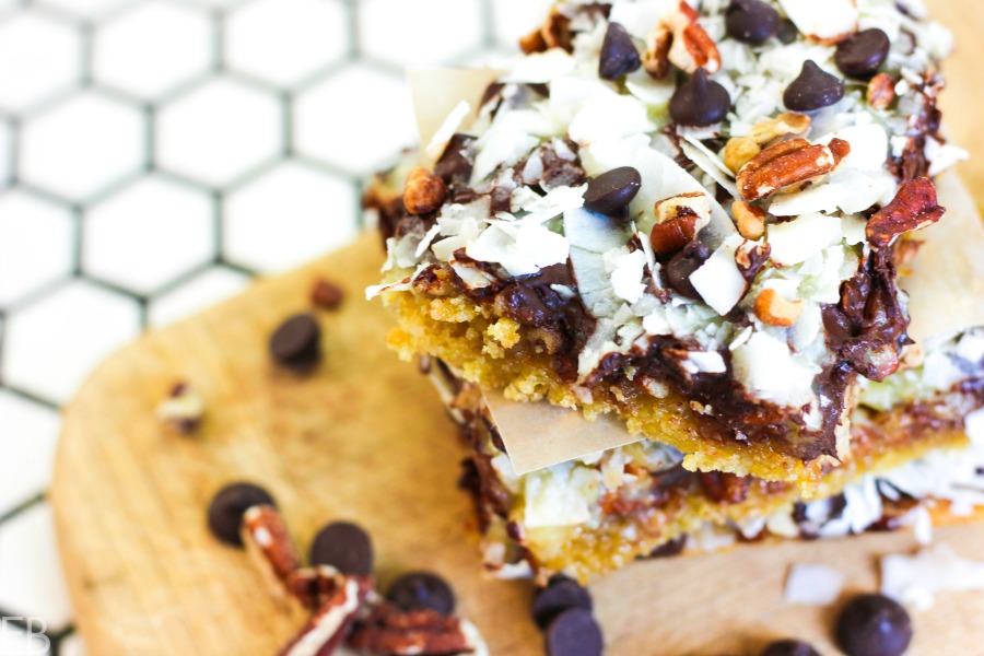 Stacked Seven Layer Magic Bars that are Paleo, Keto and Low Carb