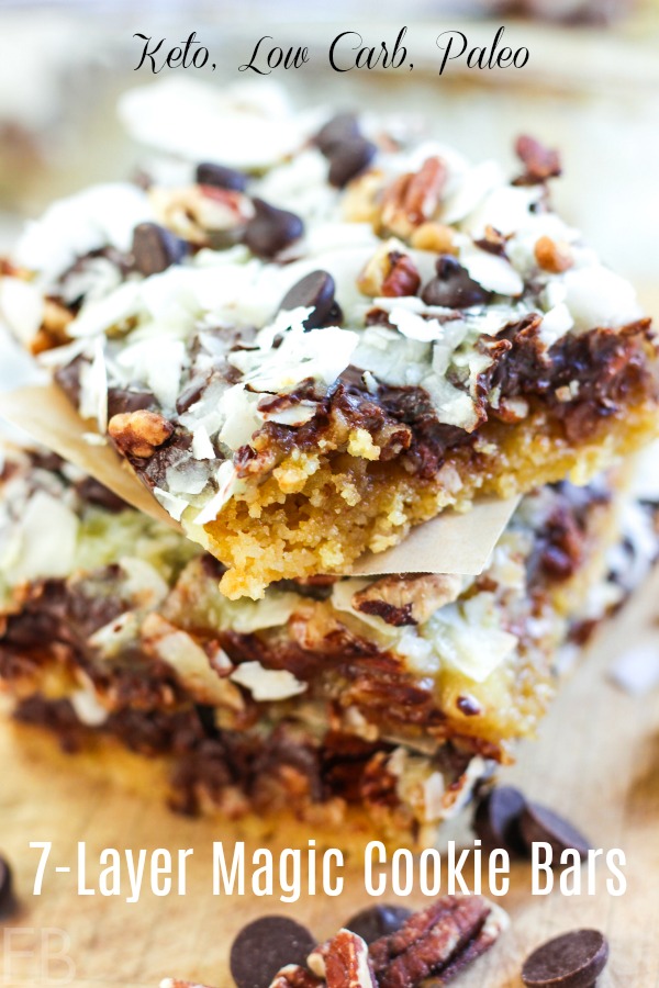 Stacked Seven Layer Magic Cookie Bars are keto, low carb and paleo