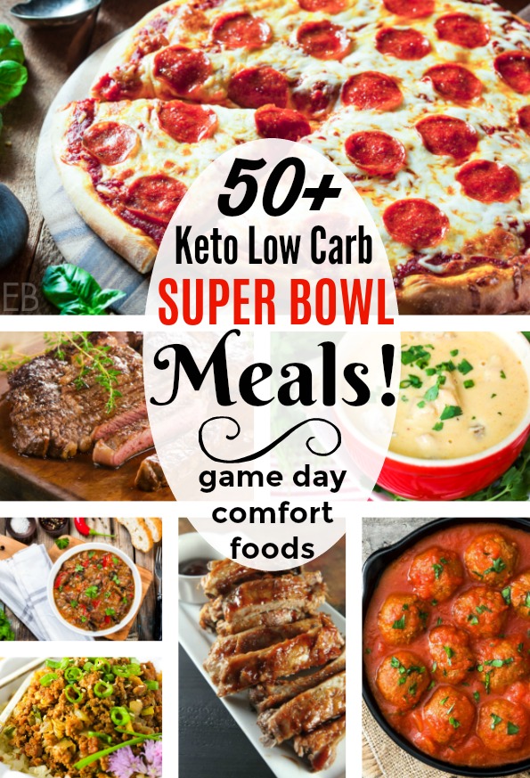 a collage of photos of keto game day meals for the super bowl including pizza steak soup chili meatballs and ribs