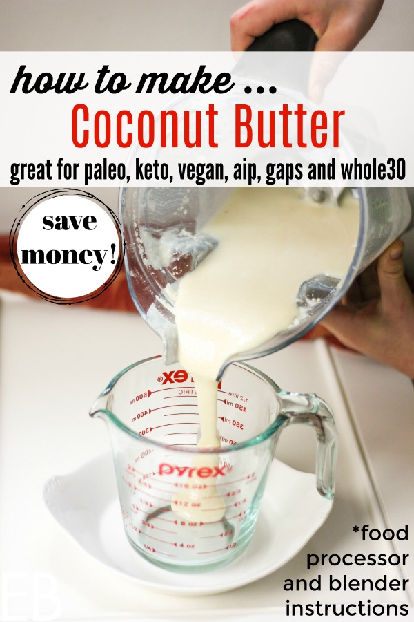 coconut butter being poured from a blender for keto, aip, paleo, whole30, gaps and vegan diets