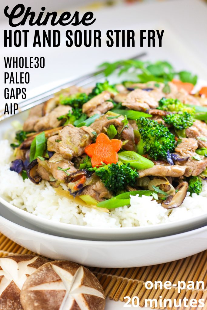 a broad bowl with whole30 aip paleo gaps chinese hot and sour stir fry inside: pork tenderloin slices, broccoli, green onions and a stamp that says 20 minutes one pan