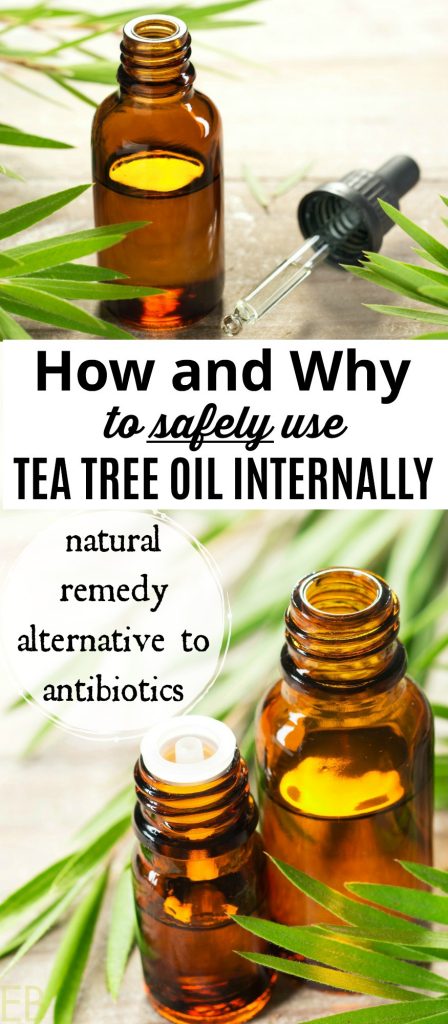 two brown bottles of tea tree oil and words across the middle of the photo saying how and why to use TTO safely internally as a natural remedy alternative to antibiotics and for other uses