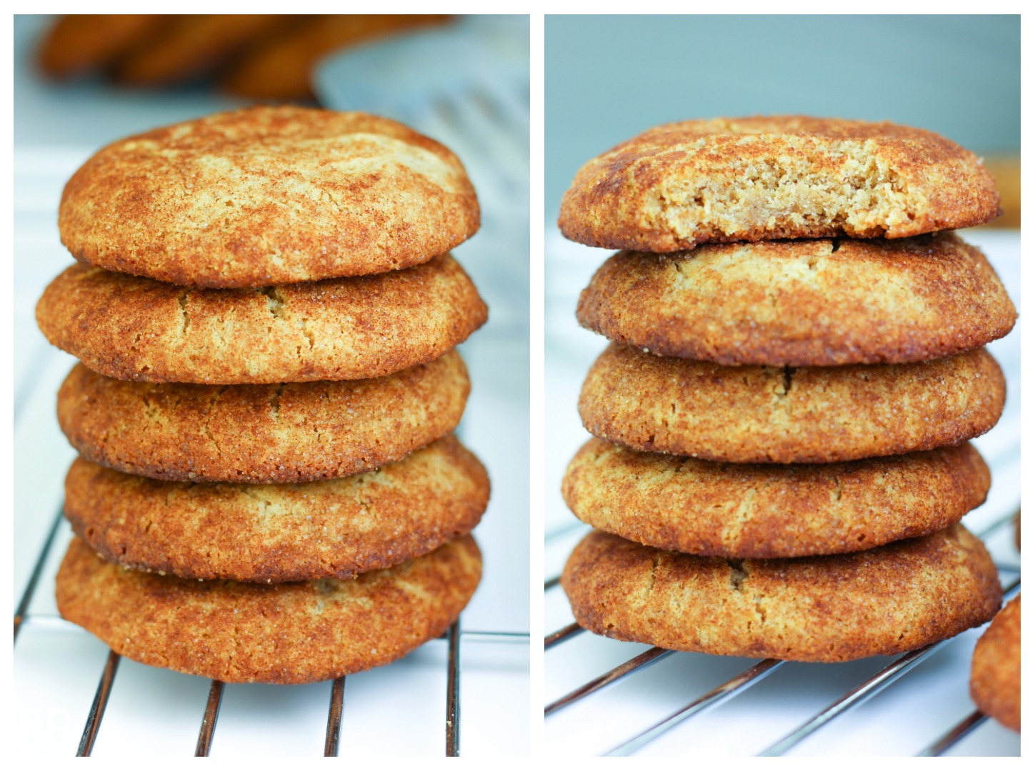 two stacks of paleo aip snickerdoodles with one bite out of one cookie