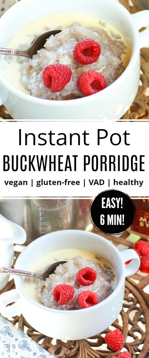 bowls of instant pot buckwheat porridge with raspberries on top