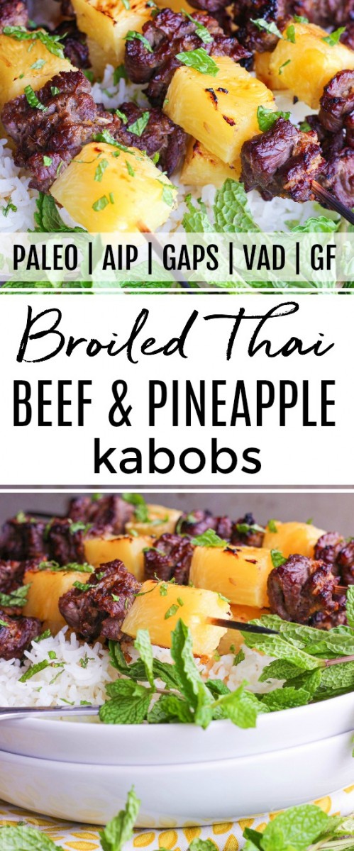 white plates with thai beef and pineapple kabobs