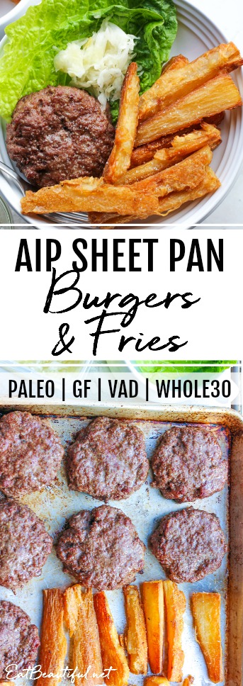 overhead view of pan with aip burgers and fries with banner in the middle