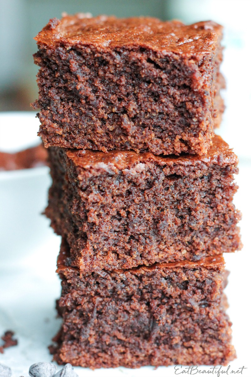 side view of 3 stacked keto tahini brownies